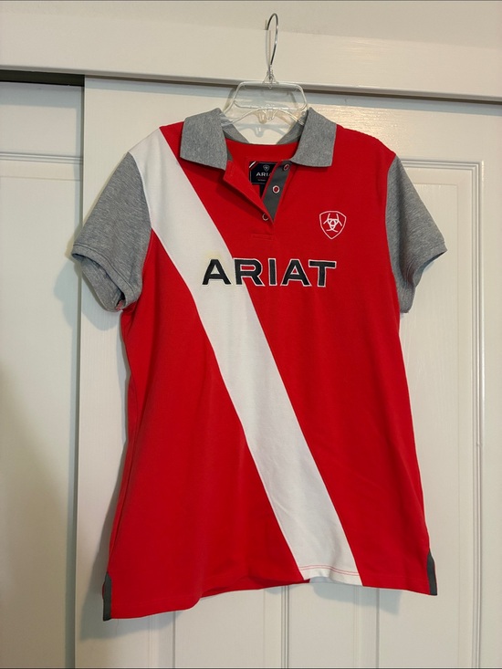 Ariat Tops - Ariat Red Polo with White Diagonal Stripe and Gray Accents